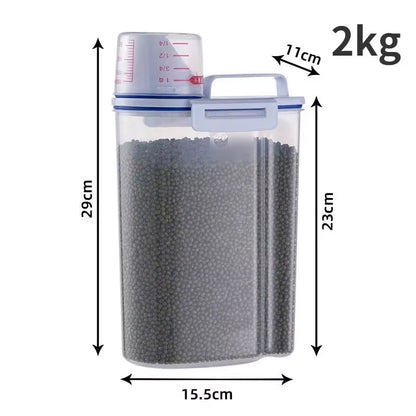 1.5Kg/2Kg Dog Cat Food Pail Plastic Storage Tank with Measuring Cup Container Moisture-Proof Sealed Jar Pet Supplies Accessories